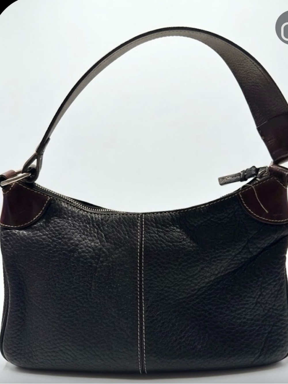 Vintage Dooney & Bourke Black Leather Shoulder Bag Brown Trim & Medallion